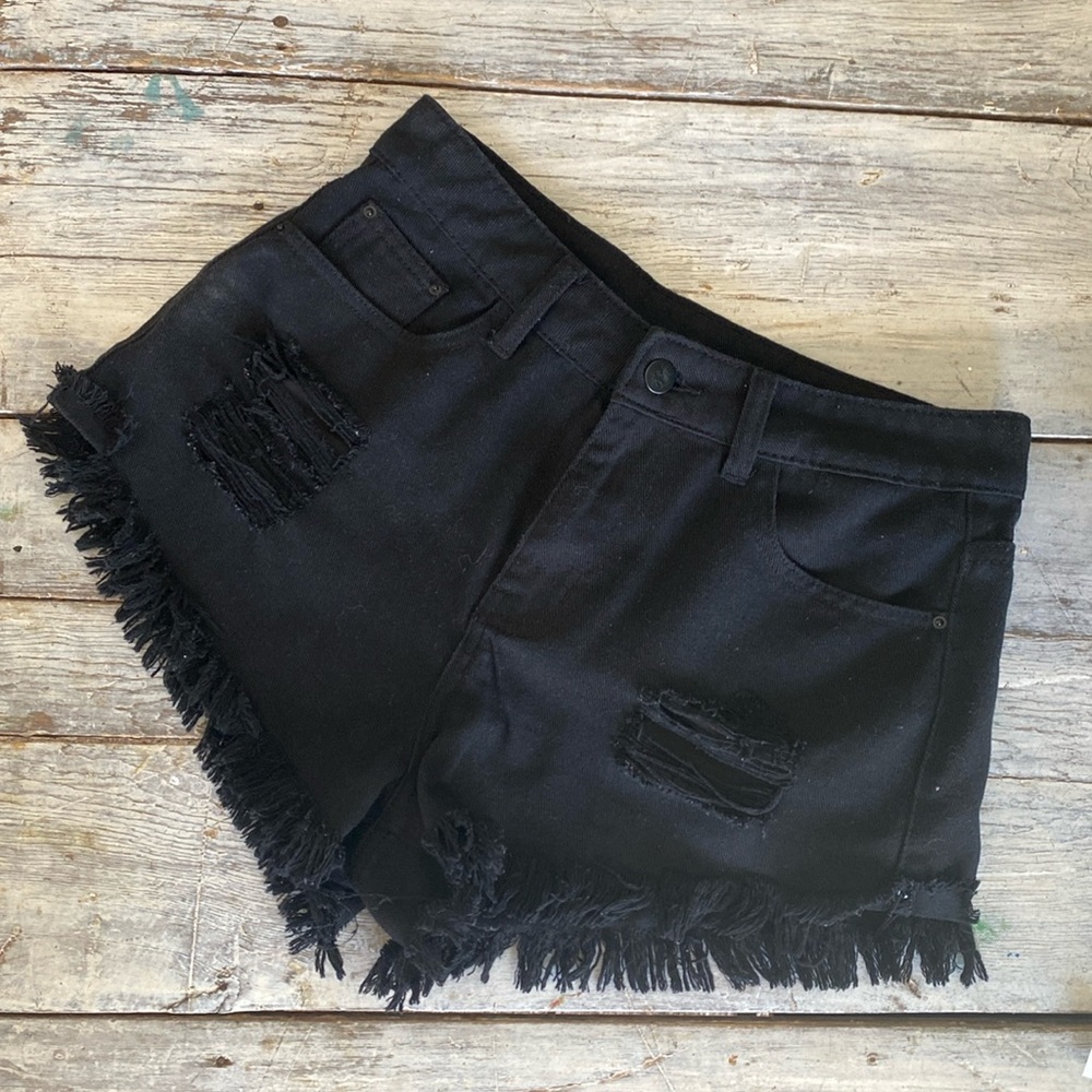 Size small black denim shorts with distressing